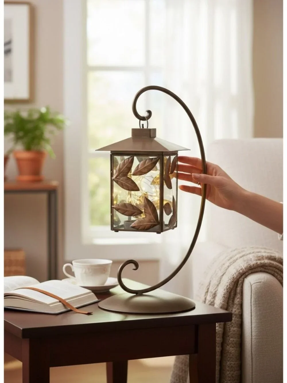 Decorative Lantern With Leaf Design On Stand For Indoor Tabletop Or Shelf Displa